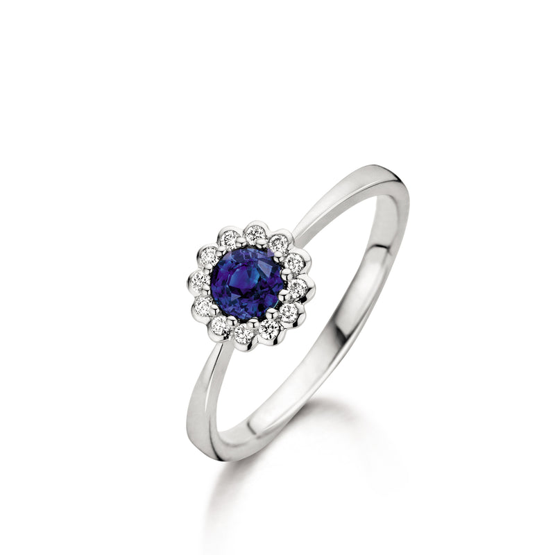 Wit gouden ring Leaf met diamant en saffier | Juwelier de Tijd