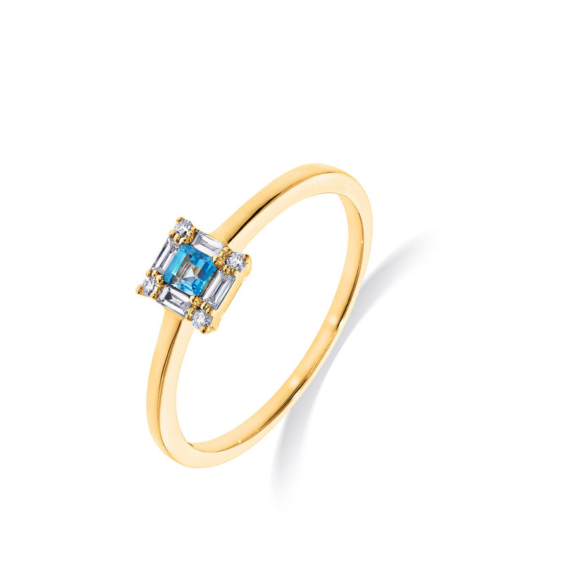 Beheyt Ring 210.870 - Geel Goud 18ct. Blauwe Topaas, Diamant 0,08ct + 0,03ct